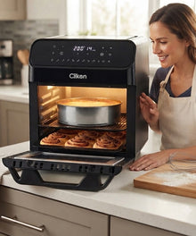 Clikon 12L Digital Air Fryer Oven (CK359) is a 1700W oil-free multi-function cooker featuring a 12-liter capacity, a digital touch display, and AeroCrisp technology
