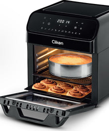 Clikon 12L Digital Air Fryer Oven (CK359) is a 1700W oil-free multi-function cooker featuring a 12-liter capacity, a digital touch display, and AeroCrisp technology