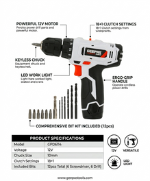 Geepas 12V Cordless Percussion Drill - Hammer Function, Screwdriver with 13 Pcs Drill, 15+1 Torque Setting | No Speed Load 0-550RPM | 1 Year Warranty