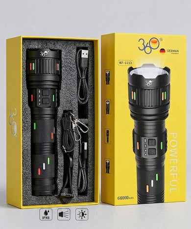 360° German Rechargeable LED Flashlight (Model: KF-1113) – Ultra-Powerful 60,000mAh