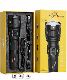 مصباح يدوي ألماني LED قابل لإعادة الشحن 360 درجة (الموديل: KF-1113) – فائق القوة 60,000 مللي أمبير/ساعة
