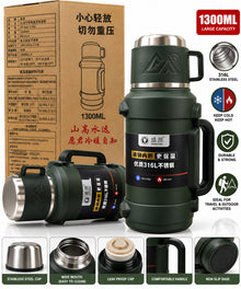 SHENGYUAN 1300ml army-green insulated vacuum flask with stainless-steel cup and carrying handle