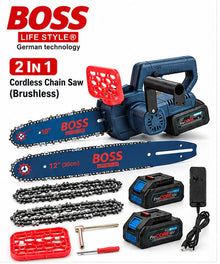 BOSS Life Style 2-in-1 cordless brushless chain saw 10 and 12 inch kit on white background