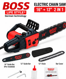 BOSS Life Style Electric Chain Saw 16 inch plus 12 inch 2 in 1 with accessories