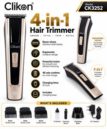 Clikon CK3252 4-in-1 hair trimmer features and included accessories