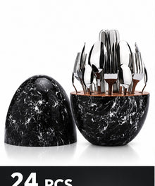 24 piece stainless steel cutlery set in black marble style holder with lid