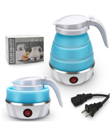 Portable blue foldable 0.6L electric kettle expanded and collapsed with original box and plug