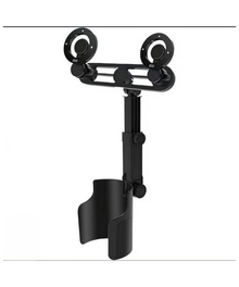 Black adjustable car headrest holder with lower storage pocket on white background