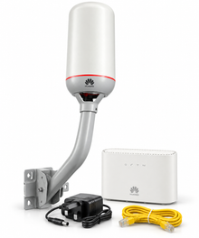 Huawei B2368-60 outdoor LTE router kit, ODU and IDU on white background