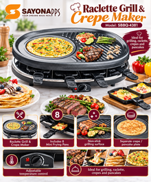 Sayona Apps SBBQ-4381 raclette grill and crepe maker feature details