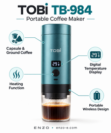 TOBi TB-984 features: capsule and ground coffee, digital display, heating and portable wireless design
