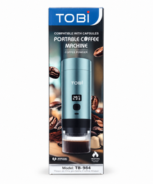 TOBi TB-984 portable coffee maker retail box on pure white background